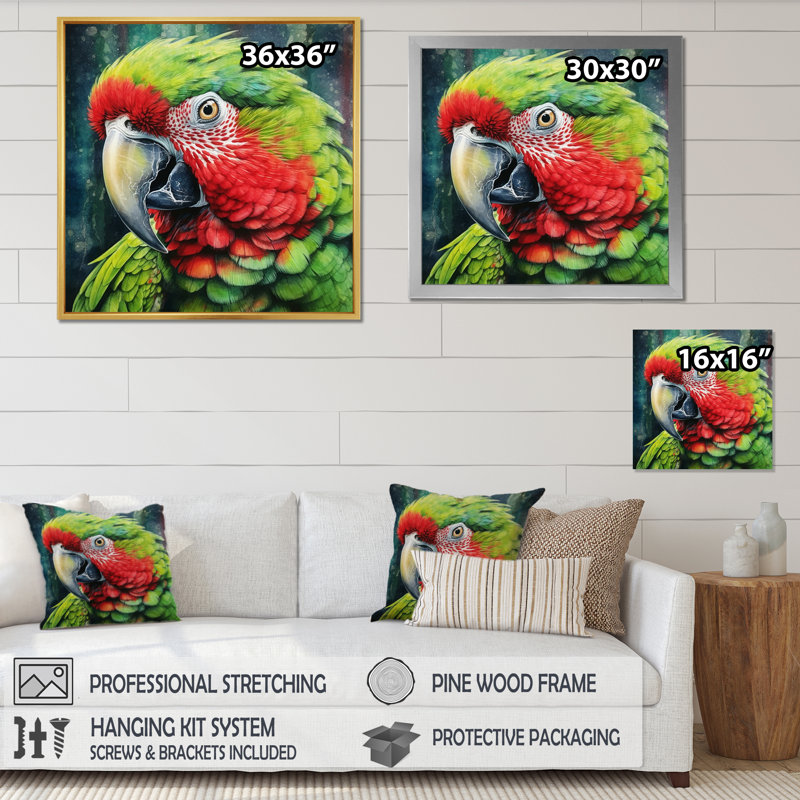 Perroquet tropical au paradis IV sur toile, 16" H x 16" W, Cadre flottant noir