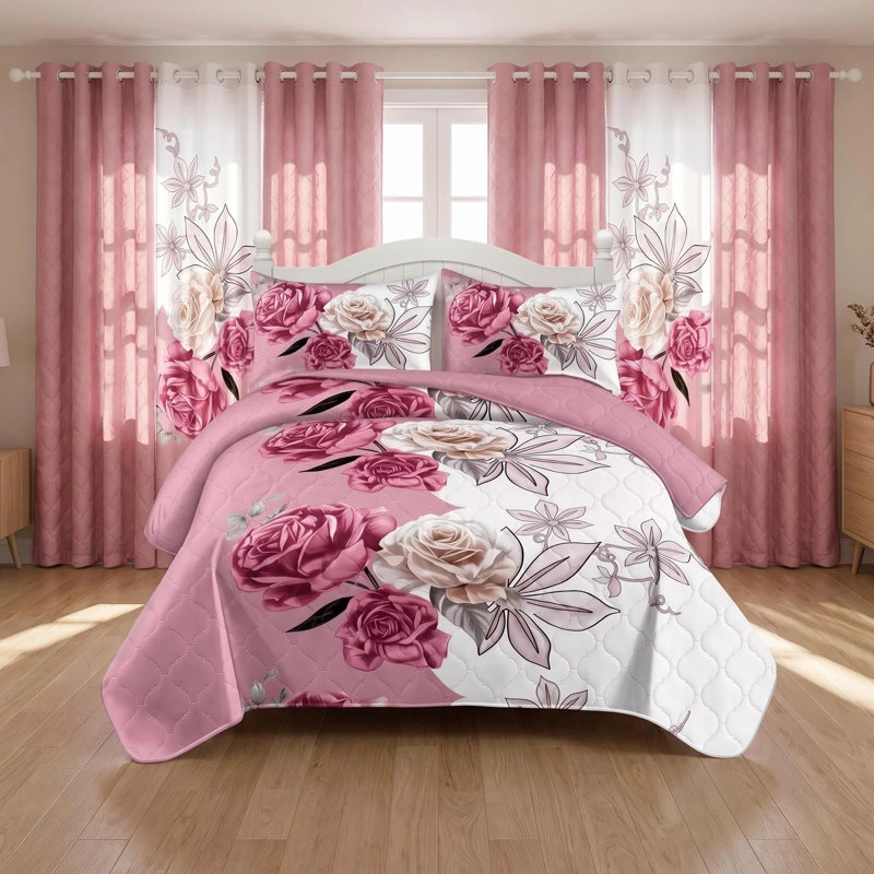 Ensemble de couvre-lit et rideau 9 pièces en microfibre rose avec 9 taies décoratives et 6 panneaux de rideau filtrant la lumière