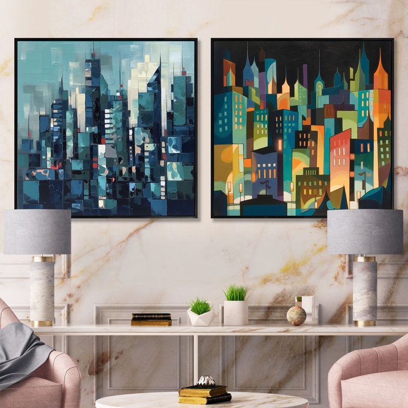 Bleu et vert Cityscape Essence - ensemble de 2 collages carrés, Cadre flottant noir, H 30 po x l 61 po