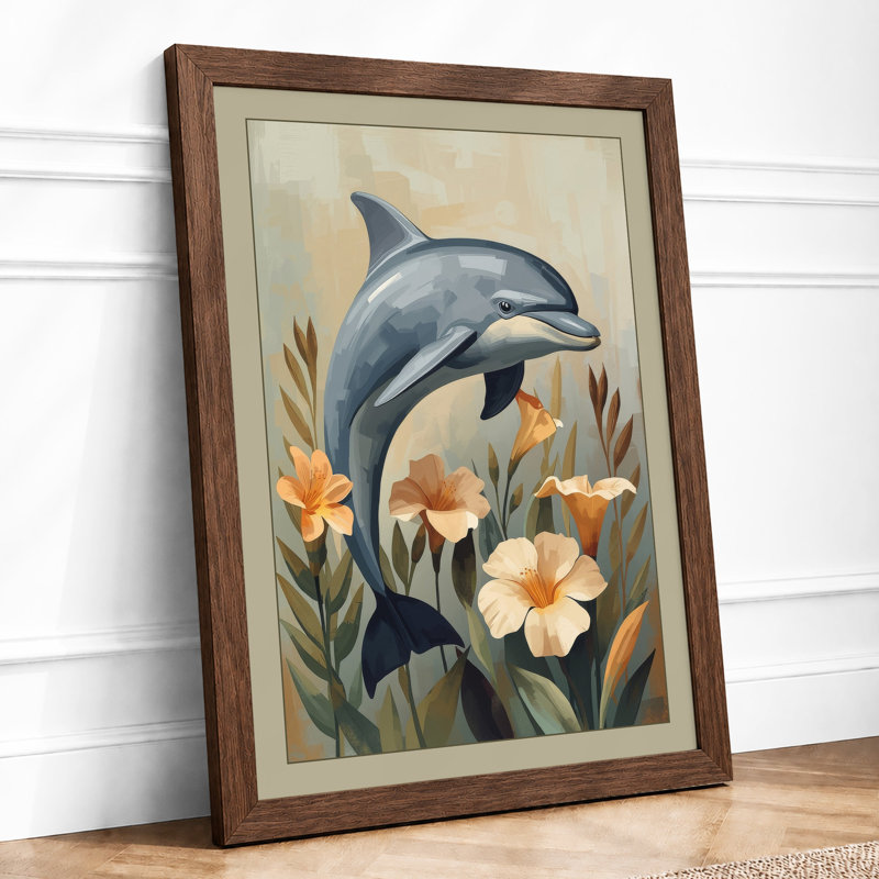Leaping Dolphin with Poppies Coastal - Framed Print, A1 - 84.1 x 59.4 cm, Walnut