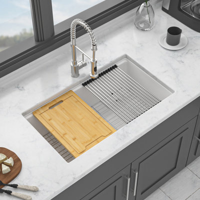 Évier de cuisine en quartz 33 po x 19 po blanc - poste de travail robuste avec ensemble de fonctions en granite