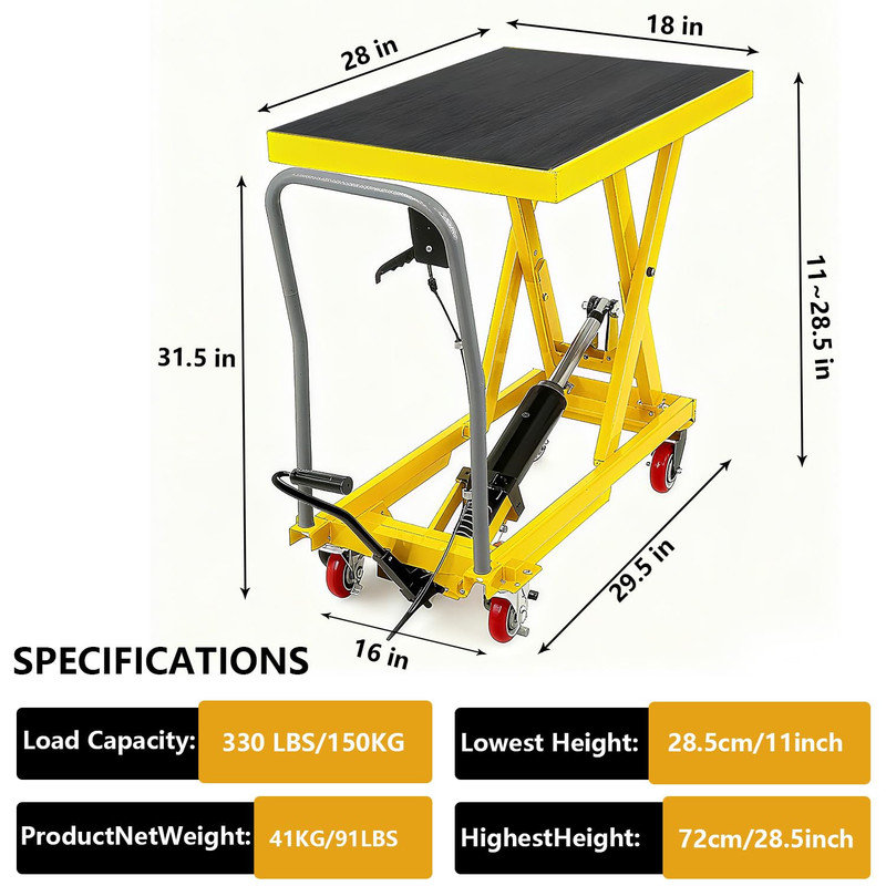 Chariot de table d'une capacité de 330 lb, ciseaux simples, hauteur de levage de 28,5 po avec plateforme antidérapante, Jaune