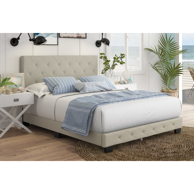 Chloe Gray Linen Upholstered Platform Bed Frame with Tufted Headboard