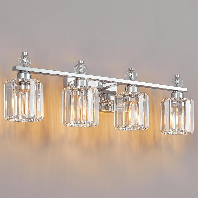Luminaire de salle de bain moderne en cristal chromé à 4 lumières pour installation au-dessus d'un miroir
