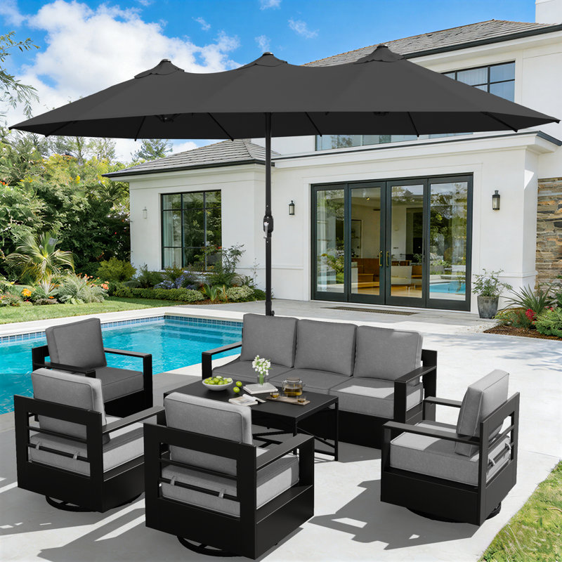 Ensemble de canapé d'extérieur en aluminium pour 7 personnes, 4 chaises pivotantes et table basse avec parasol et coussins