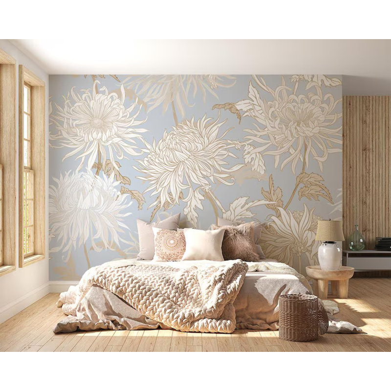 Papier peint botanique bleu et beige, L 118 po x l 236 po