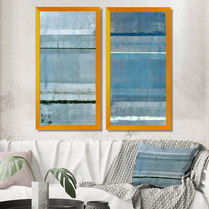 Gray and Blue Colorfields - Ensemble de 2 peintures sur toiles, H 40 po x l 40 po x P 1 po, Cadre photo doré