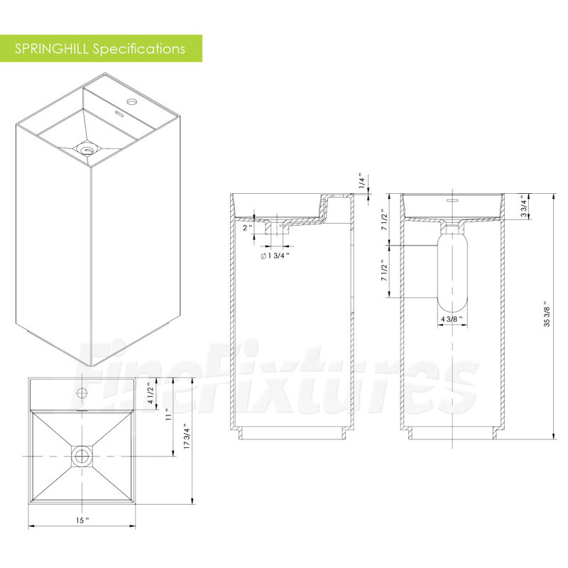 Square Pedestal Bathroom Sink with Overflow, White