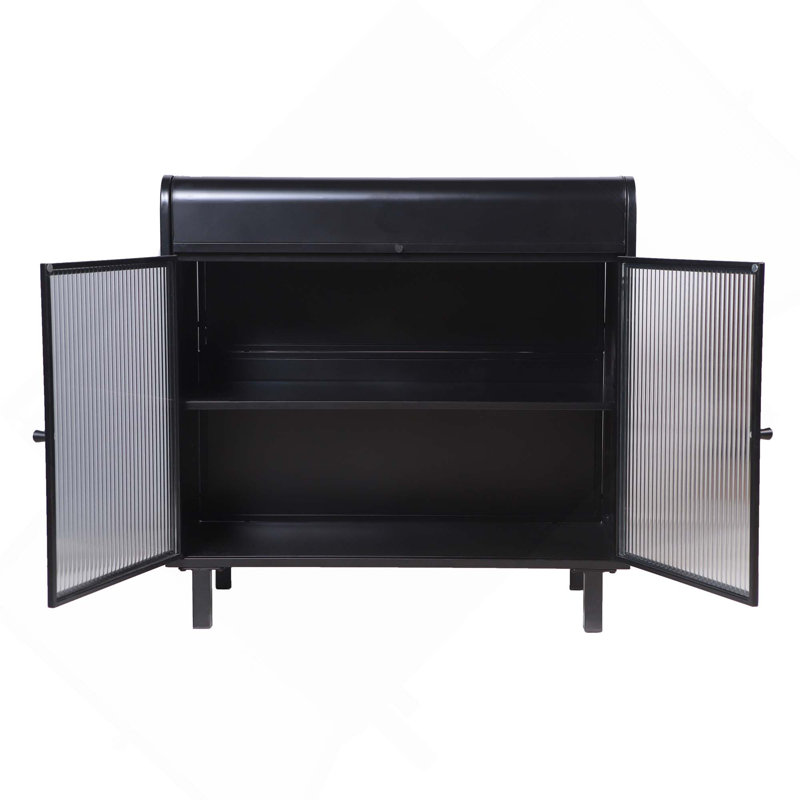 Modern Metal Frame Sideboard Buffet Cabinet With Tempered Figured Glass Doors, Flip Top & Inner Shelves