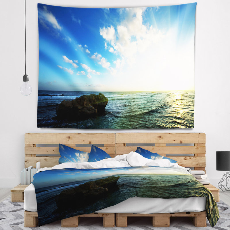 Tapisserie plage soirée mer avec eaux calmes, H 32 po x l 39 po