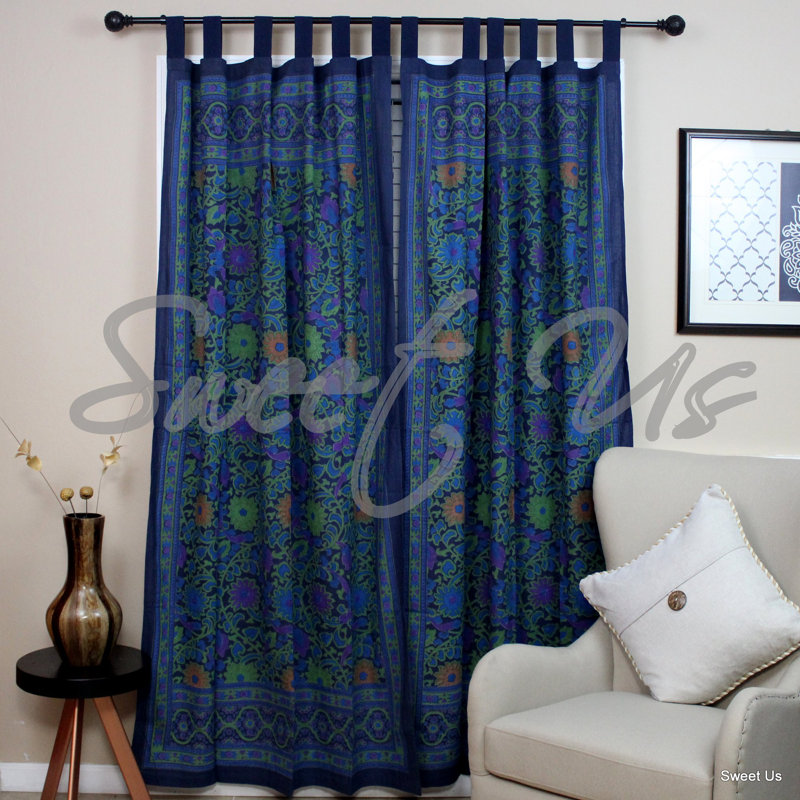 Daunta 100% Cotton Floral Semi-Sheer Tab Top Curtain Panel, Navy Blue
