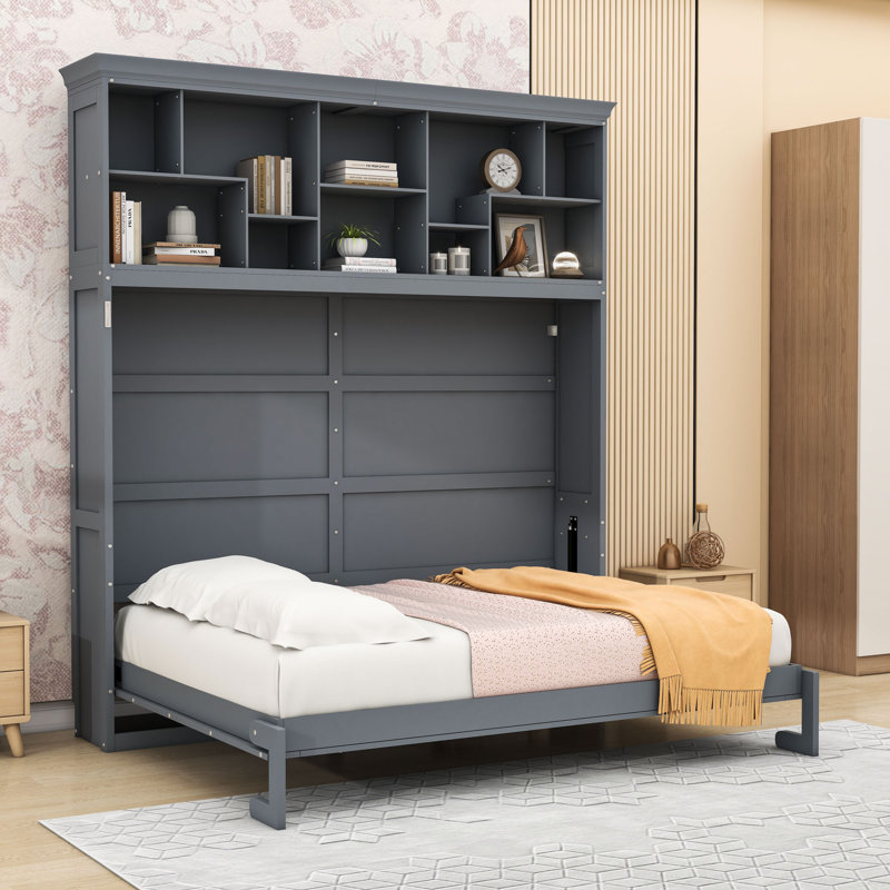 Grand lit plateforme en bois avec tablettes et port USB, gris