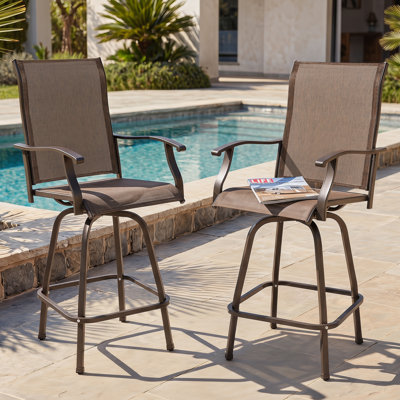 Caldean Outdoor Patio 2-Piece Swivel Bar Stools, Iron Bistro Chairs with Armrests, All Weather PVC Fabric for Patio, Brown with Gold Speckles