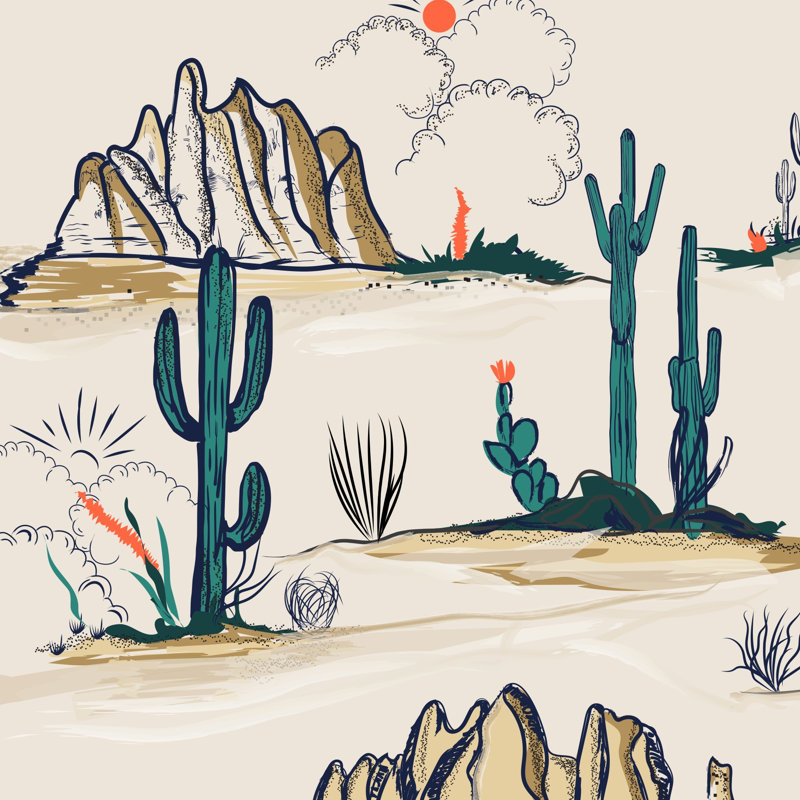 Papier peint paysage désertique Cactus, murale bohémienne