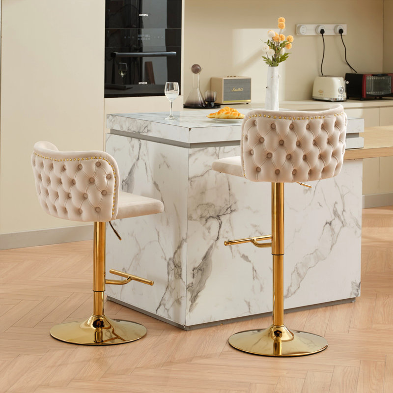 Swivel Barstools Adjusatble Seat Height With Gold-plating Base, Beige, Gold