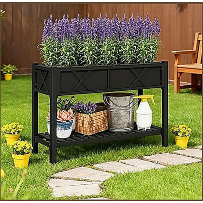 Elevated Wood Planter Box,Raised Garden Bed,with Storage Shelf,Drainage Holes,and Liner