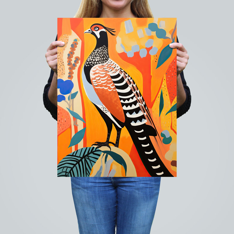 Wall Art Print Autumn Pheasant Bird Portrait Vibrant Folk Art Oil Painting Orange Patterns Poster