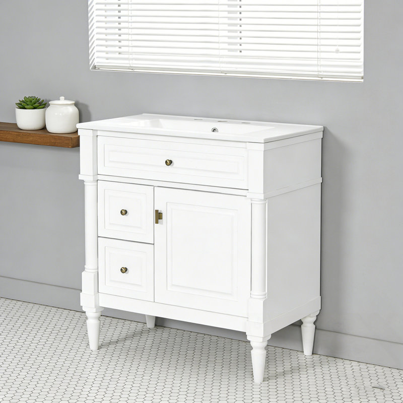 Meuble-lavabo avec lavabo, 2 tiroirs et tablette réglable, Blanc, 30"
