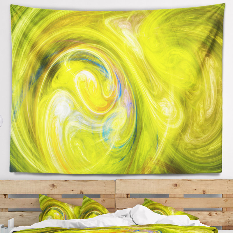 Tapisserie jaune à motif abstrait fractal, H 68 po x l 80 po
