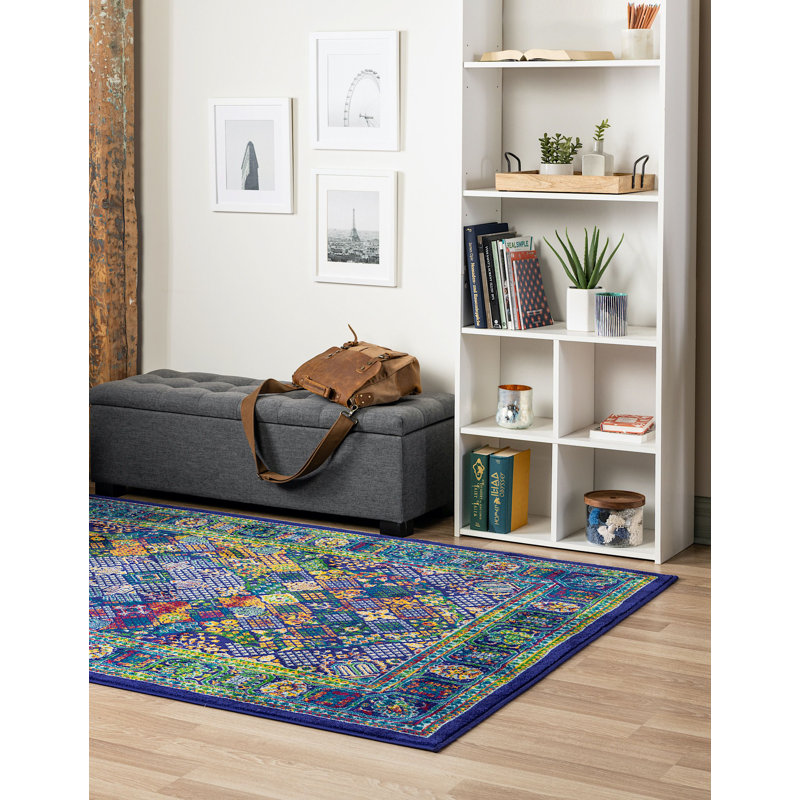 Tapis ovale oriental bleu marine / bleu / jaune, Rectangle 9 pi x 12 pi
