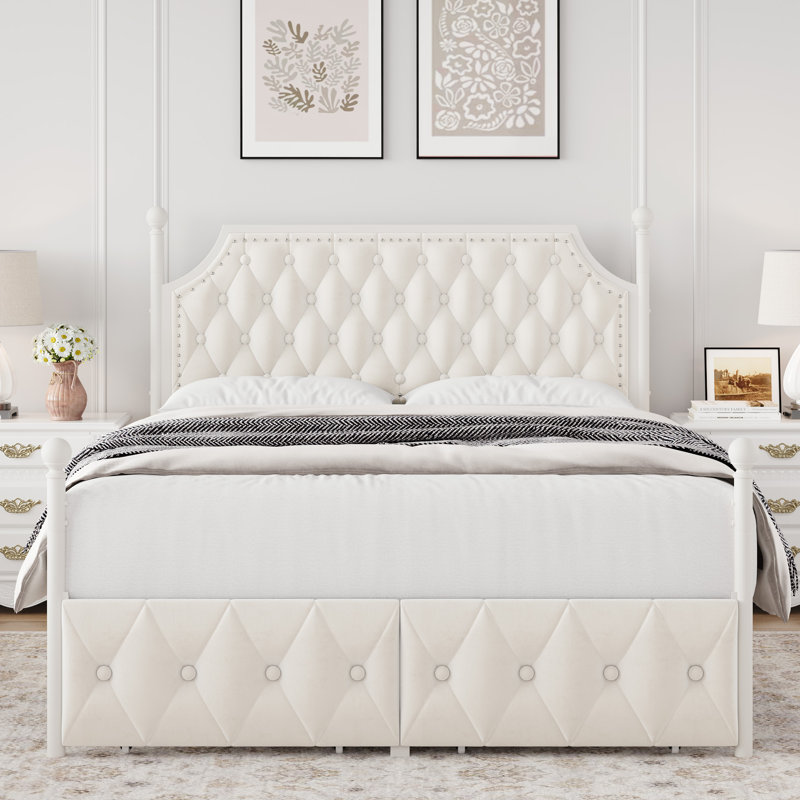 Artevious Upholstered Metal Canopy Storage Bed, Off White, Queen