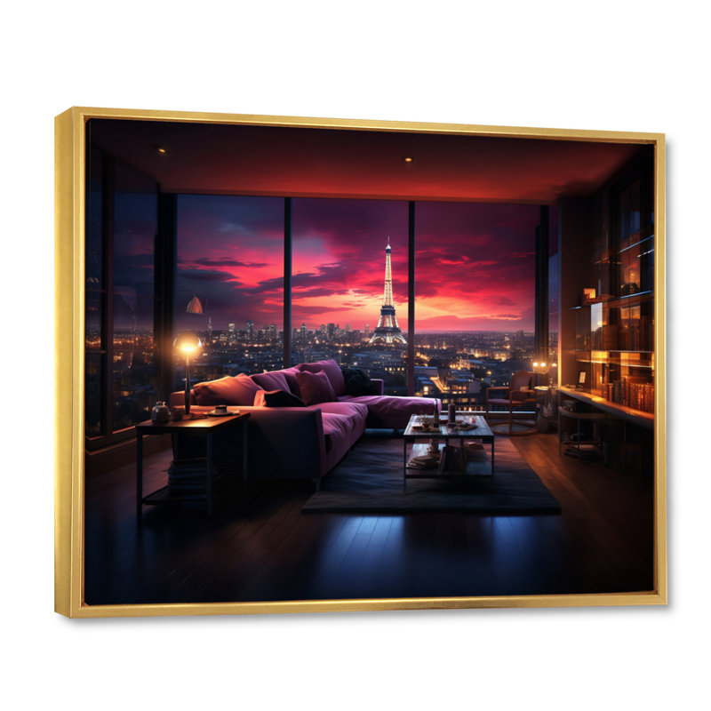«Futuristic Paris Eiffel Tower Penthouse I», reproduction sur toile, 16" H x 32" W, Cadre flottant doré