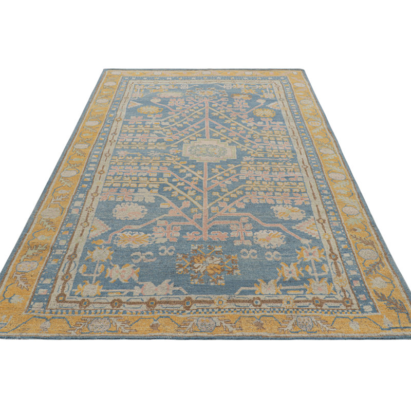 Rug & Kilim’S Khotan Samarkand Style Rug In Blue With Floral Medallions, Rectangle 6'4" x 8'6"