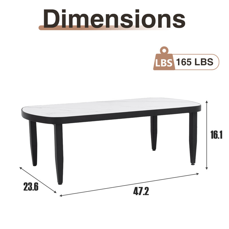 Table basse d'extérieur en aluminium de qualité supérieure 47,2 po avec plateau en pierre frittée, White