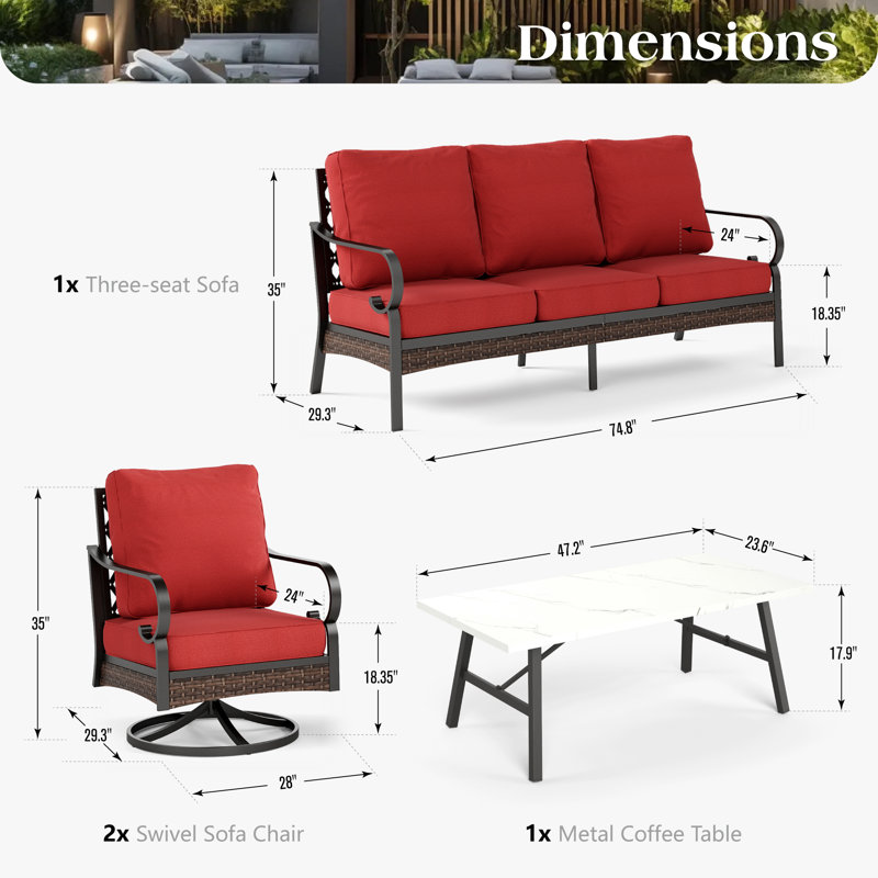 5 Person Outdoor Conversation Set With Swivel Lounge Chairs, Red