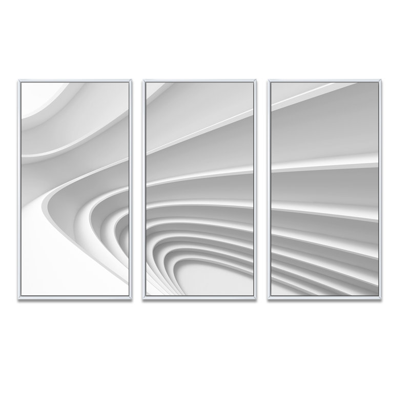 Fractal Bulgy Layered 3D Waves - 3 pièces, cadre flottant, impression sur toile, H 28 po x l 36 po x P 1 po, Cadre blanc