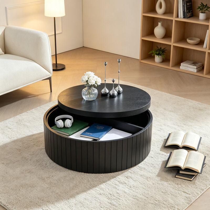 Table basse ronde moderne avec rangement Table à thé d'appoint pour le salon, la chambre à coucher, sans assemblage, Noir