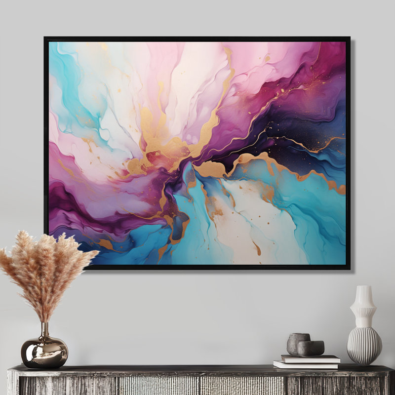 Liquid Gold Art Ink Clouds - Marble Wall Art Decor, 12" H x 20" W x 1" D, Black Floater Framed Canvas