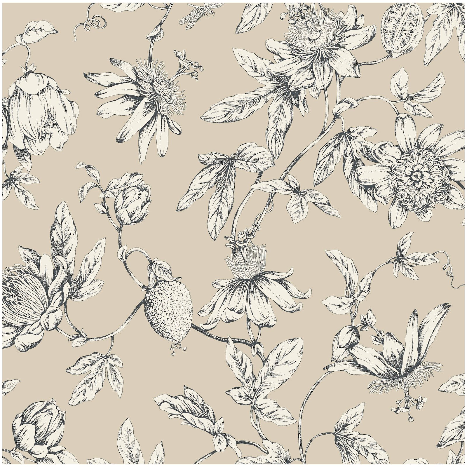Passion Flower Toile Floral Wallpaper, Beige