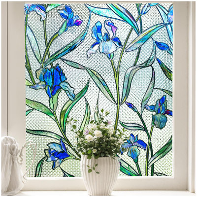 Stained Glass Window Privacy Film, 3D Decorative Window Cling, UV & Heat Blocking Floral Windows Cover, Static Cling No Adhesive Reusable Design For Home, Blue, 23.6" X 78.7"