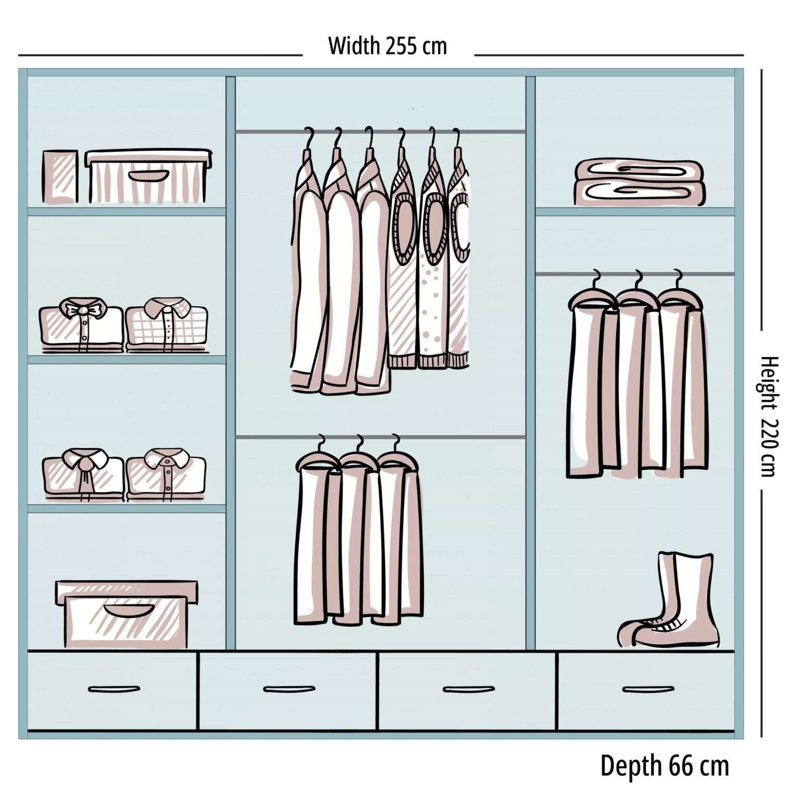 Bahos 3 Door Manufactured Wood Wardrobe, Grey, 220cm H x 255cm W x 66cm D