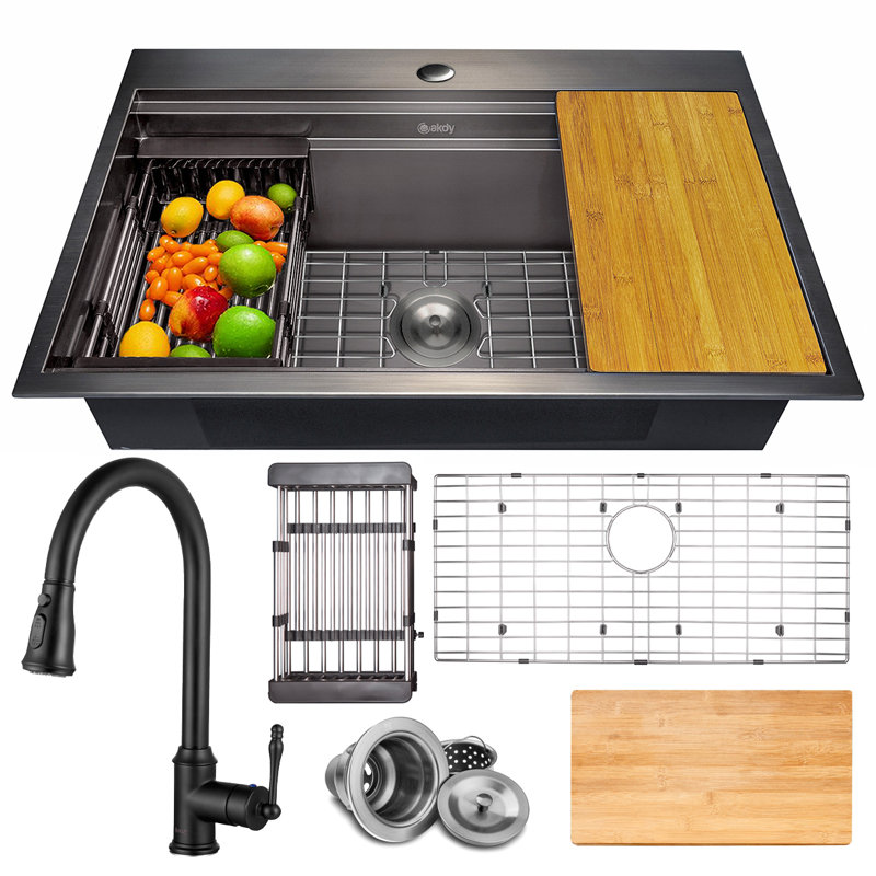 33" L x 22" W Drop-In Kitchen Sink with Faucet