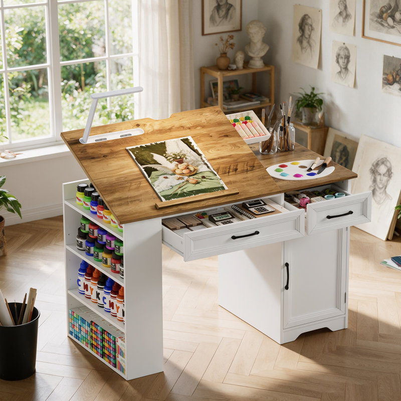 Table de dessin réglable avec rangement, table de dessin d'art avec planche inclinable à 45 ° et lampe à DEL intégrée, table de travail multifonctionnelle avec tablettes ouvertes et tiroirs pour dessiner, bricoler, lire ou travailler
