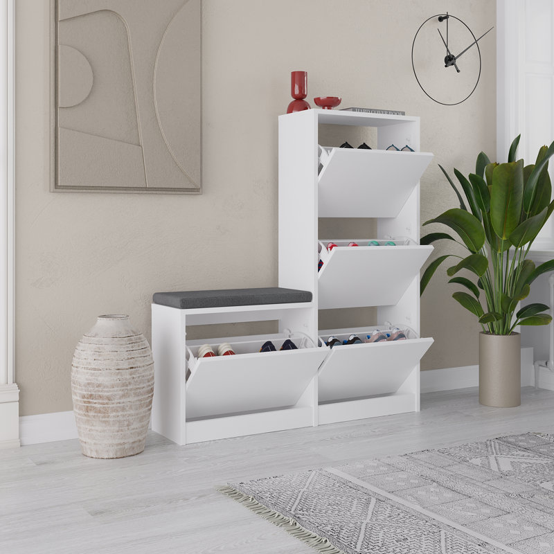 Dude Modern Bench Shoe Cabinet 4 Drop-Doors, White