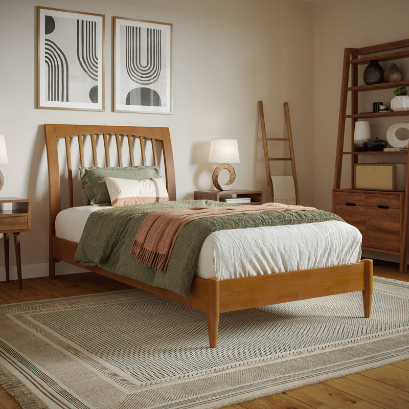 Ambie Low Profile Solid Wood Slatted Spindle Sleigh Bed, Twin XL, Light Toffee