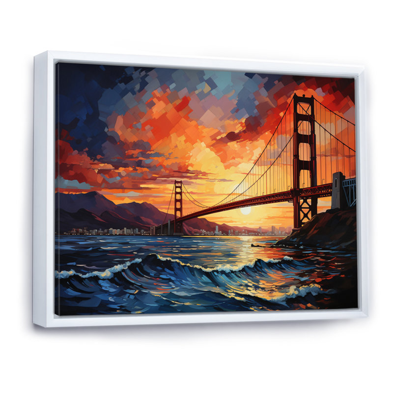 «Orange Bridge Golden Gateway I», impression d'art mural, H 30 po x l 40 po x P 1,5 po, Cadre flottant blanc