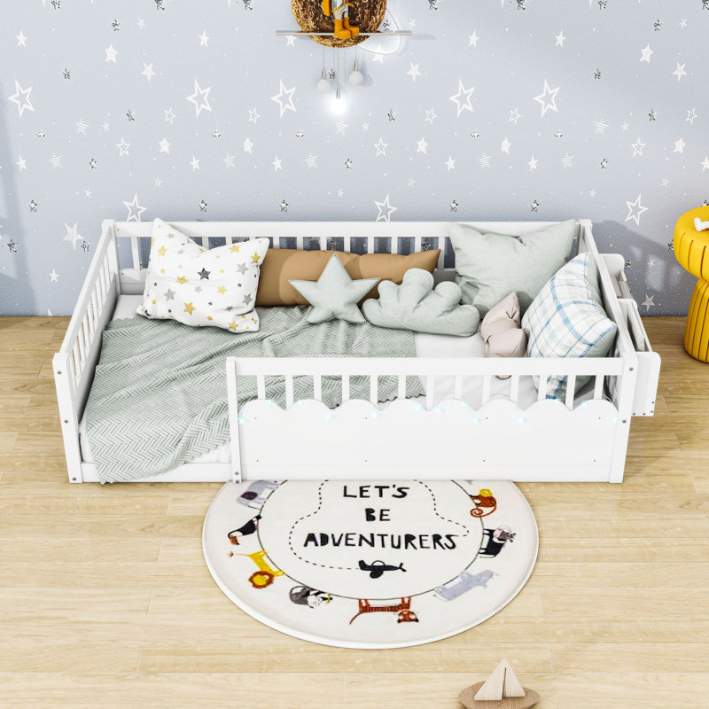 Wood Montessori Floor Bed With Light And Guardrails, Twin, White