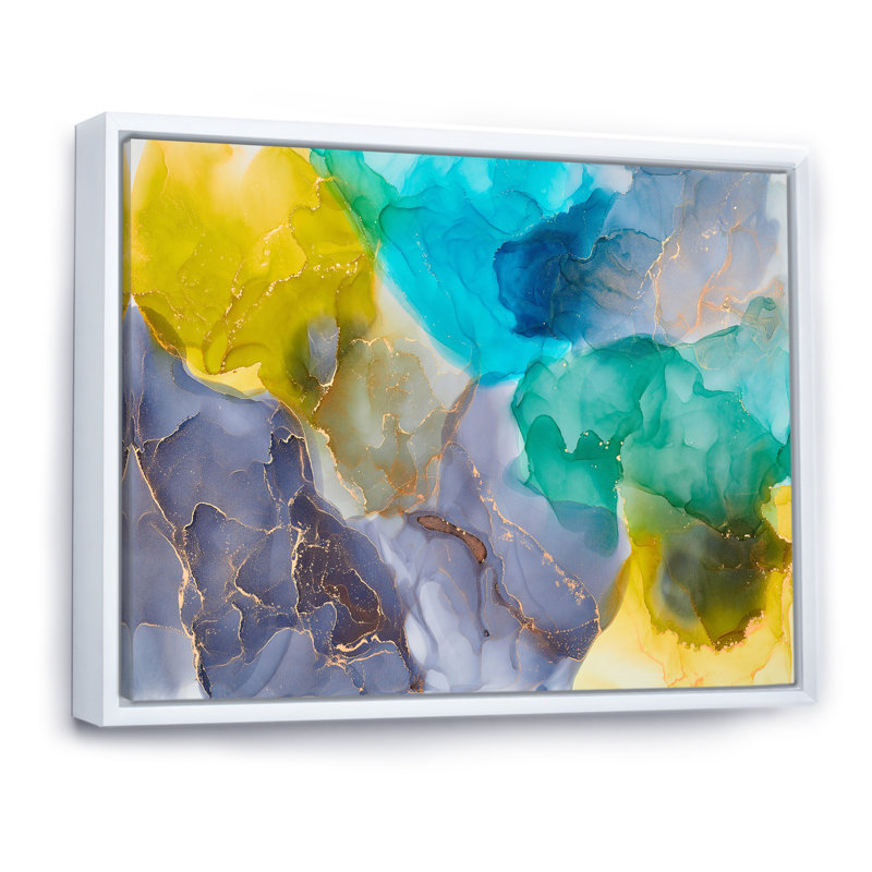 Turquoise et jaune luxe abstrait fluide - peinture sur toile, H 30 po x l 40 po x P 1,5 po, Cadre flottant blanc