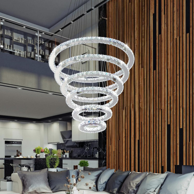 Dimmable Crystal LED Chandelier(3000-6500K) for High Ceiling – Remote Control, Adjustable Height, Modern Stainless Steel Fixture for Foyer, Staircase, Living Room(Chrome)