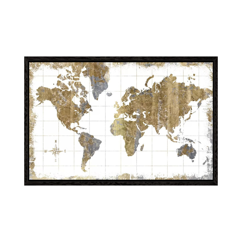 Gilded Map - Painting on Canvas, Black Floater Framed, 101.6 cm H x 66.04 cm W
