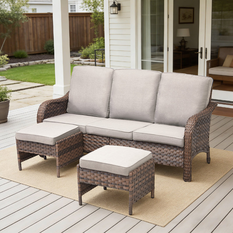 Arley 3-Piece Outdoor Wicker Curved Arms Patio Sofa With Ottomans, Beige