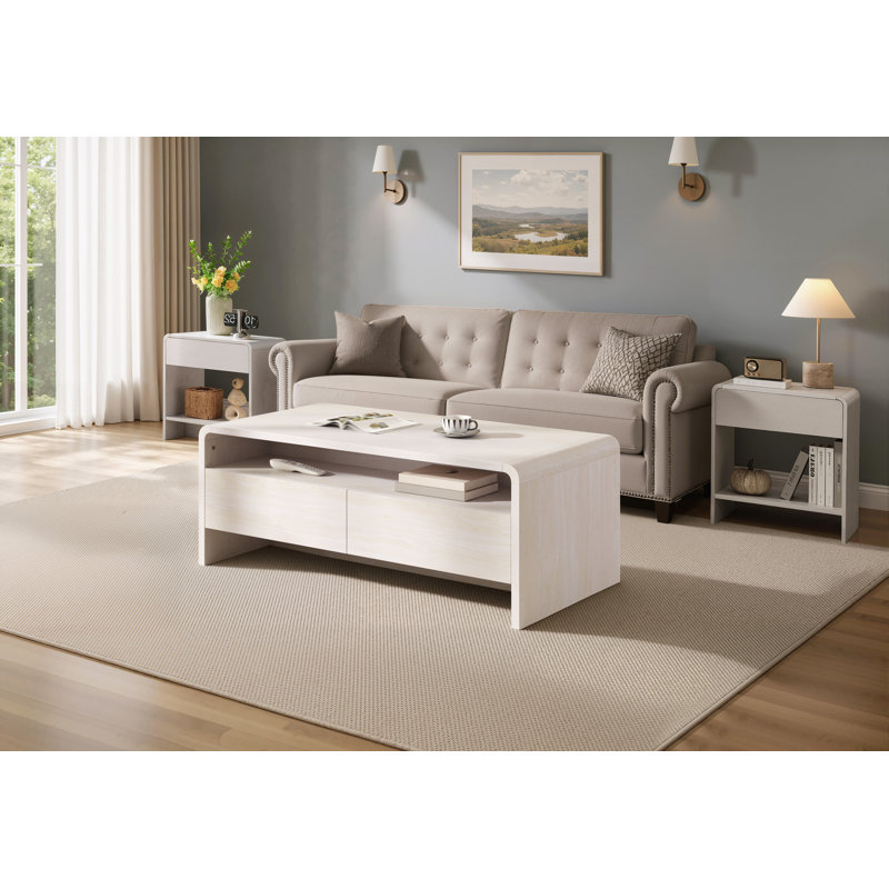 Table basse moderne à 2 tiroirs avec design courbé Dulane, naturel, Blanc