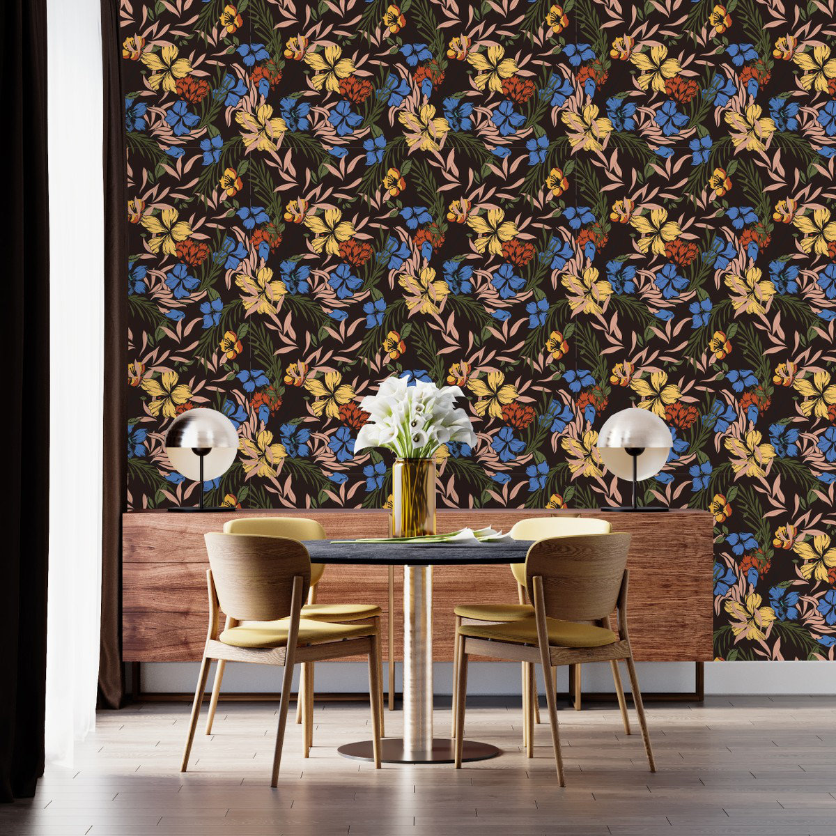 Red Barrel Studio® Dark Wallpaper With Gold Flowers Peel & Stick Floral  Panel