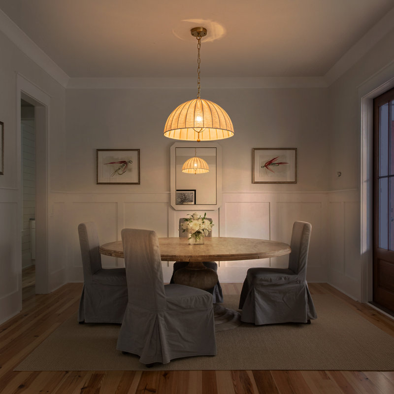 1-Light Modern Farmhouse Pendant Light with Large Linen Drum Shade, Adjustable Height 17-94", Dimmable E26 Fixture for Kitchen Island Dining Room Living Room, ETL Listed, Gold/Beige
