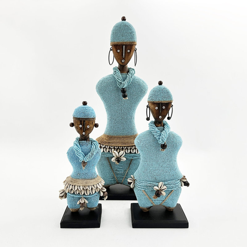 African Beaded Namji Doll, Medium 13 in, Aqua Blue, Beaded