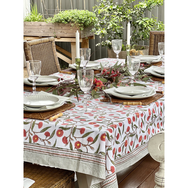 Red Gums Floral Handmade Floral Tablecloth, 80” Square